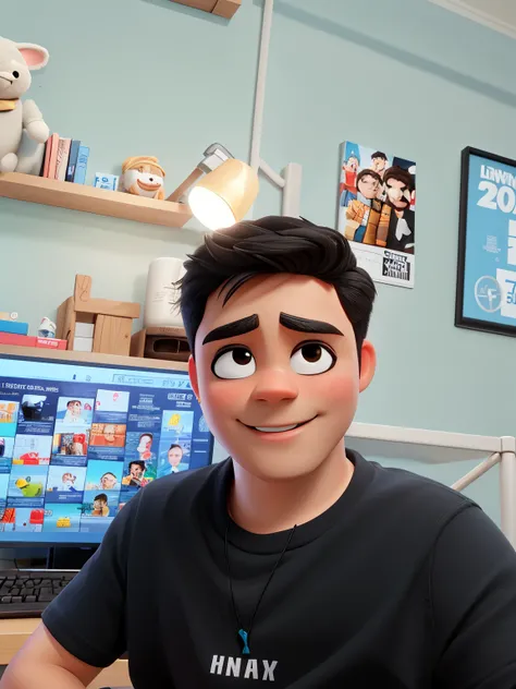 a boy sitting in front, 22 years old, big eyes, looking at the audience, silver necklace, White skin, Handsome, Clean, happy, smiling, Warm light makes people feel warm, game player, close-up detail, Pixar style, OC rendering, 8k