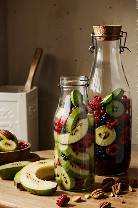 glass bottle with banana, Kiwi, nuts, and berries