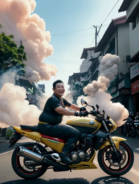 (a 35-year-old Thai man with a plump figure, Asian, in a very cheerful pose, riding a high-speed motorcycle with smoke trailing, with a background of a bustling street scene in Thailand, hyperrealistic high color effect, 8K resolution, extremely detailed a...