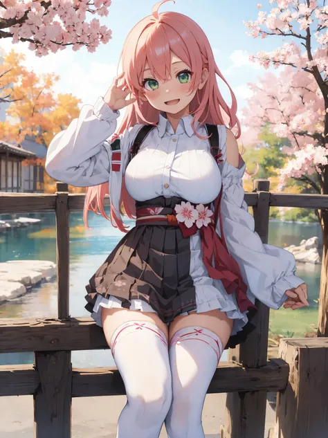masterpiece, best quality, highres, sakura_miko, 1girl, (teen:1.3),medium_breasts, kimono, solo, ahoge, x_hair_ornament, pink_hair, floral print, hairclip,(side_less_clothes:1.3), (side_breasts:1.3), hair_bell, floral print, long_hair, hair between eyes, o...