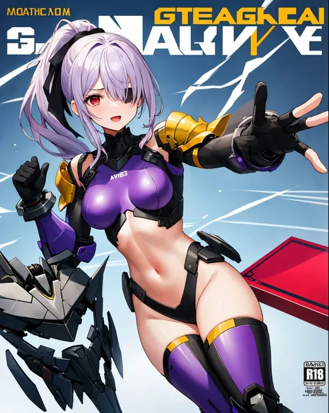 ,1girl,(teen:1.5), (short_ponytail:1.3), (light_whitish_purple_hair:1.3),black_mechanical_armor_parts,white_breasts_parts_red_black_body_suit,bare_shoulder,bare_slender_thighs,medium_breasts,on_the_desk, desk_background,Stinging_eyes,sleepy,thighhigh_greav...