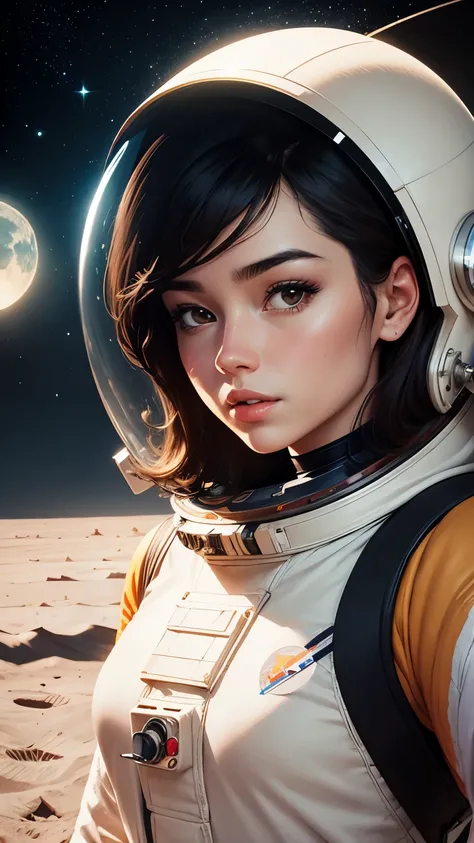 illustration of a beautiful female astronaut, selfie on the moon, in the style of jillian tamaki and georgy kurasov