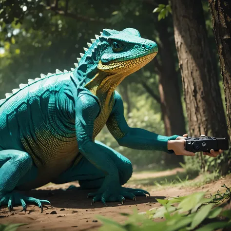 Make an RPG-style lizard with a video game controller in your hand 