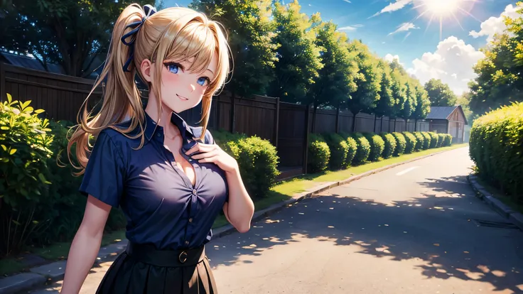 1girl, solo, summer, village, trees, sun, clouds, chestnut hair, side ponytail, large breasts, ((popping shirt buttons)), button down, unbuttoning buttons, dark blue eyes, ((dark blue shirt)), ((unbuttoned shirt)), ((short sleeved shirt)), cleavage 1:3, bl...