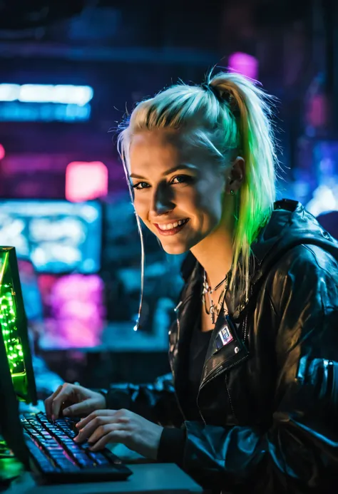 Cyberpunk blond hacker with a cunning smile, wearing futuristic jewelry, hacking in a neon-lit cybercafe, high-tech gear around, intense focus shot.