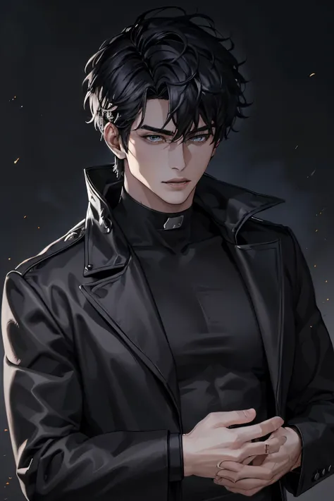"(La meilleure qualité,4K,8K,High resolutions,Chef-d'artwork:1.2),ultra detailed,(realistic,fotorrealistic,fotorrealistic:1.37), Manhwa Art Homme européen de 25 ans, peau ivoire, Messy Hair Jet Black Hair, piercing eyes, iris gris, Wear a black coat wi...
