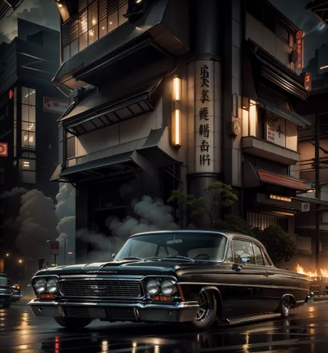 An imposing classic black 62 Chevy showroom car, impecavelmente restaurado, ostenta rodas BBS RS de 17 polegadas com acabamento cromado. Its ridiculously low posture brings it closer to the asphalt of the tree-lined street dominated by retrofuturistic Japa...