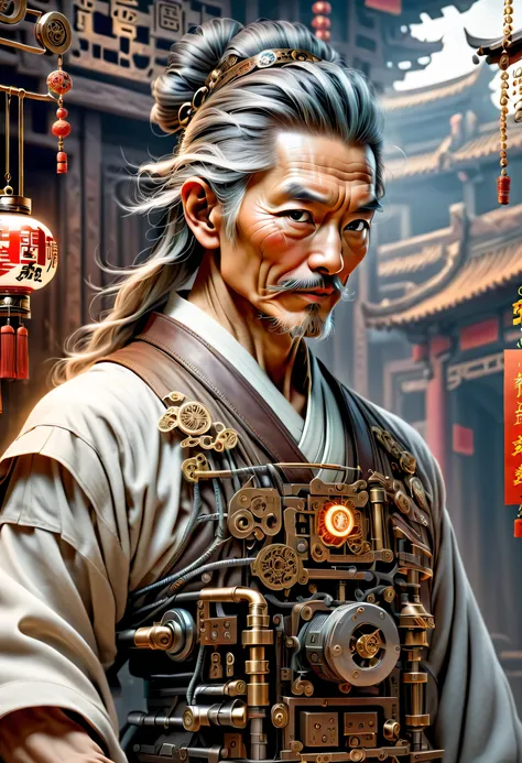 薬を販売しているImmortal,優しそうなelder,wiring,Immortal:elder:gray hair:wrinkled face:Chinese:i doubt it:The right arm of the machine,Fusion of machine and man,pharmacy background:ancient Chinese style:Medicinal herbal tar:wooden medicine cabinet,he lost part of his b...