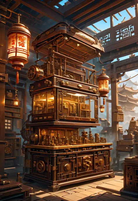 右手が機械のImmortalを描きます,pharmacyの背景,Suspicious appearance,wiring,Immortal:elder:Chinese:i doubt it:The right arm of the machine,Fusion of machine and man,pharmacy:ancient Chinese style:Medicinal herbal tar:wooden medicine cabinet,he lost part of his body in th...