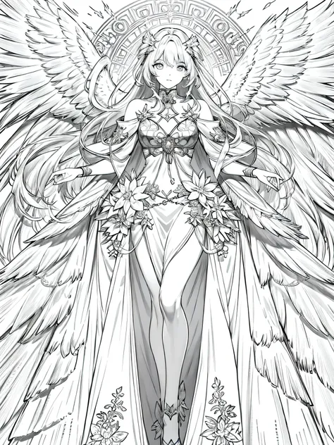 (Mejor calidad,4k,8K,high resolution,obra maestra:1.2),ultra detallado,(angel),obra maestra,cuerpo completo, manga,hermoso,girl with angel wings, angel ,Femenino,Fondo blanco,monocromo,Dibujo lineal,((bosquejo)),sorprendido,ojos blancos