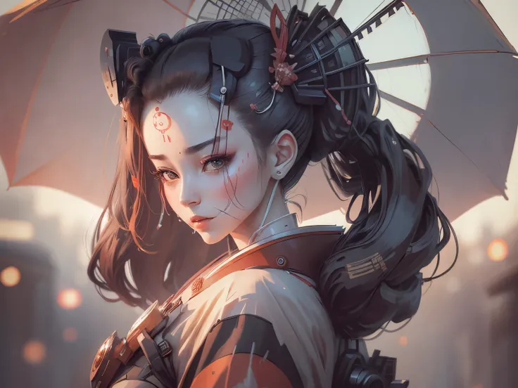 dark sci-fi, realistic, full body, 1 mechanical girl, mechanical parts, mechanical face, mechanical hands, mechanical body, cybernetic, android geisha, wearing traditional Japanese clothing and a parasol, elegant mix of japanese woman and mechanical robot,...