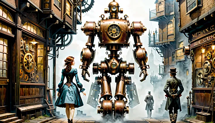 Landscape painting,mechanismロボットの恋を描きます,離れた場所に立ったmechanismロボットのmen and womenの目が合うシーン:Turn around and pose:carry luggage:men and women:we are walking in opposite directions:can&#39;don&#39;t go near you,Mechanical couple,humanoid,Steampunk element,Mechanica...
