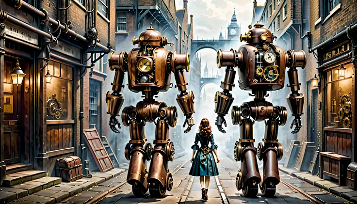 Landscape painting,mechanismロボットの恋を描きます,離れた場所に立ったmechanismロボットのmen and womenの目が合うシーン:Turn around and pose:carry luggage:men and women:we are walking in opposite directions:can&#39;don&#39;t go near you,Mechanical couple,humanoid,Steampunk element,Mechanica...