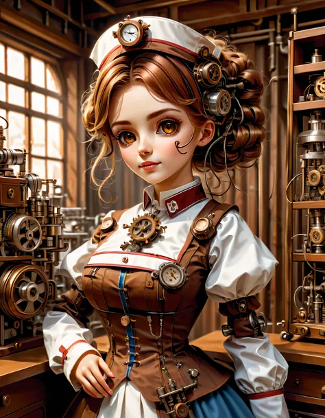 mechanism:humanoid:nurse:16th century european nurse uniform:whole body,doll face:perfect face:big brown eyes,eyelash,hide hair ...