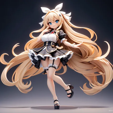 work, best quality, girl, long hair alternative, absurdly long hair, blonde hair, bow hair, aqua eyes, seductive smile, Tongue, black eyes, long eyelashes, big breasts, There is a mole on the chest, White shirt, black skirt, shoe, period, hair ribbon, flow...