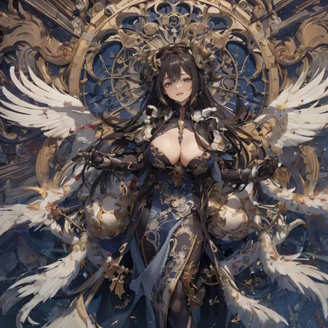 (high definition image), aerial angle, (mechanical, complex body), ((huge gods weapon has female faces outline embedded, Art Nouveau, round face, smiling)), drooping eyes, blush,  