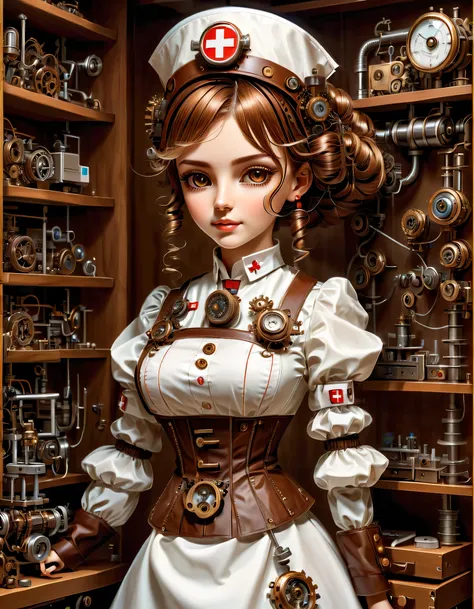 mechanism:humanoid:nurse:16th century european nurse uniform:whole body,doll face:perfect face:big brown eyes,eyelash,hide hair ...