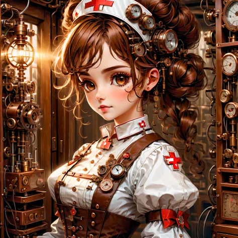 mechanism:humanoid:nurse:16th century european nurse uniform,doll face:perfect face:big brown eyes,eyelash,hide hair wires,she i...