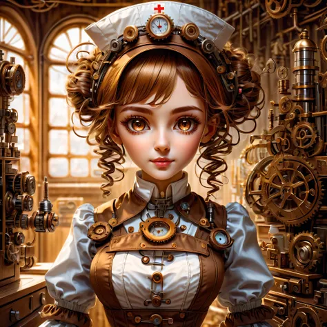 mechanism:humanoid:nurse:16th century european nurse uniform,doll face:perfect face:big brown eyes,eyelash,hide hair wires,she i...