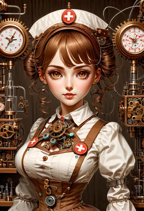 mechanism:humanoid:nurse:16th century european nurse uniform,doll face:perfect face:big brown eyes,eyelash,wiring,she is made of...