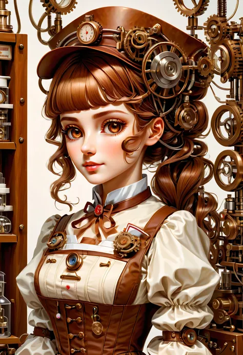 mechanism:humanoid:nurse:16th century european nurse uniform,doll face:perfect face:big brown eyes,eyelash,wiring,she is made of...