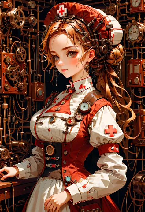 mechanism:humanoid:nurse:16th century european nurse uniform,medical supplies,use electrical cords as hair ornaments,wiring,she ...