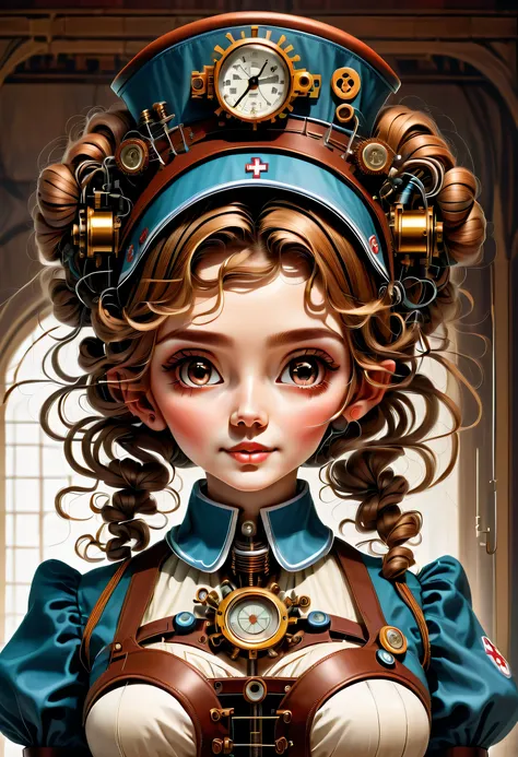 mechanism:humanoid:nurse:16th century European nurse uniform,Medical Supplies,Use electrical cords as hair ornaments,wiring,she is made of machinery,Steampunk element,Mechanical engineering,Mechanically,Mechanical,pop,cute,Equipment,shaft,intricate details...