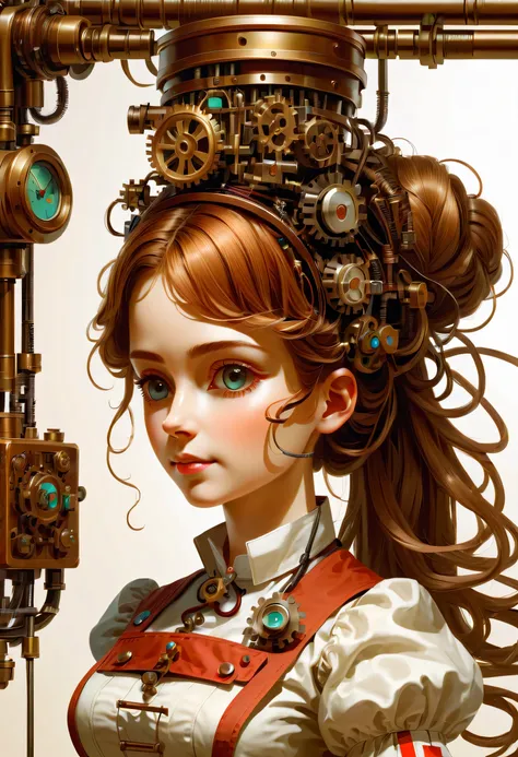 mechanism:humanoid:nurse:16th century European nurse uniform,Medical Supplies,Use electrical cords as hair ornaments,wiring,she is made of machinery,Steampunk element,Mechanical engineering,Mechanically,Mechanical,pop,cute,Equipment,shaft,intricate details...