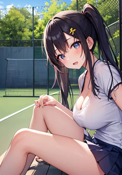 masterpiece、best image quality、ultra high resolution、teenage girl with big breasts、twin tail hairstyle、black hair、red face、shyly、mock、Open your mouth just a little、Teenage girl&#39;s tennis wear showing cleavage、tennis  for teenage girls、sitting on the ben...