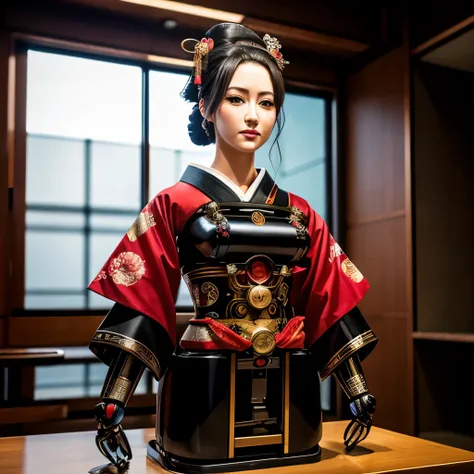 Realistic photo, full shot, mechanical geisha, robotic, mechanical puppet, android, raw photo, hdr