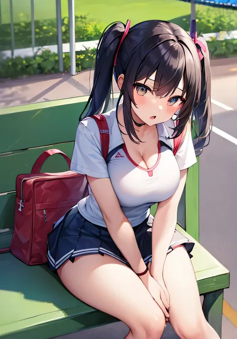 masterpiece、best image quality、ultra high resolution、teenage girl with big breasts、twin tail hairstyle、black hair、red face、shyly、mock、Open your mouth just a little、Teenage girl&#39;s tennis wear showing cleavage、tennis  for teenage girls、sitting on the ben...