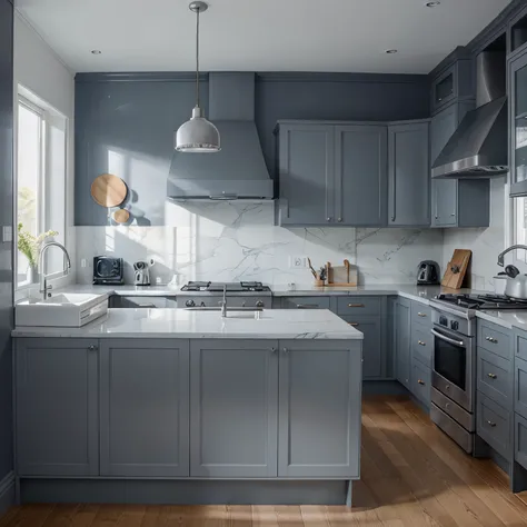 Grey kitchen with navy blue walls