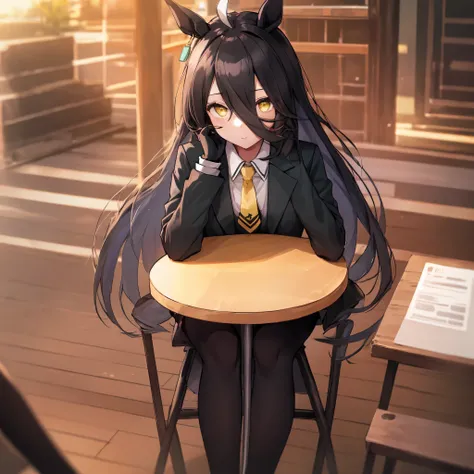 ((table top, highest quality)),(1 girl:1.5),manhattan cafe,manhattan cafe(racing wear),Uma Musume,horse ears,hair_between_eye,(alone:1.2),pantyhose,length_hair, black_hair, black Gloves,yellow_eye,Ahoge,tie,black_Jacket,skirt,black_footwear