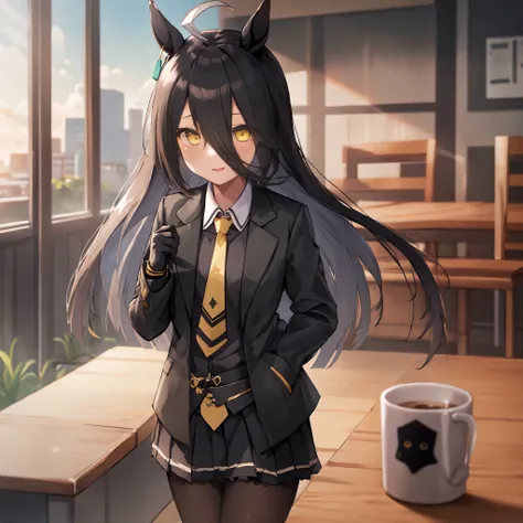 NSFW,((table top, highest quality)),(1 girl:1.5),manhattan cafe,manhattan cafe(racing wear),Uma Musume,horse ears,hair_between_eye,(alone:1.2),pantyhose,length_hair, black_hair, black Gloves,yellow_eye,Ahoge,tie,black_Jacket,skirt,black_footwear,I&#39;m in...