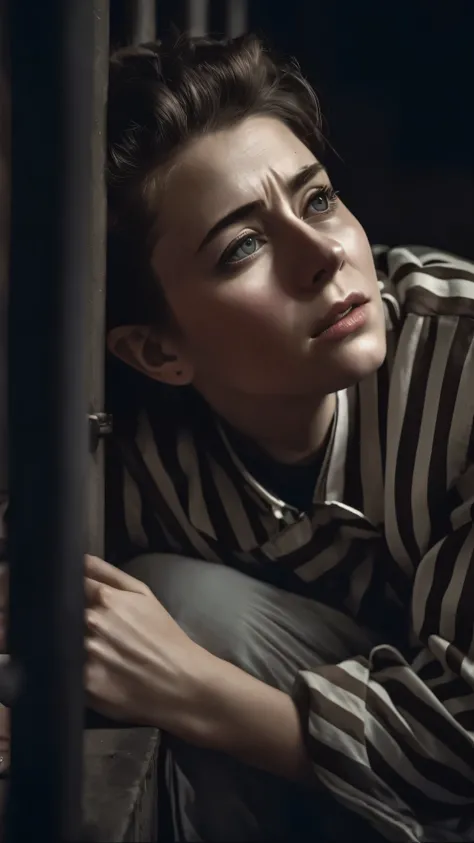 Arafa woman in a striped shirt sitting on the floor in a cell, retrato de alta qualidade, retrato de arya stark, cinematic realistic portrait, retrato colorido, retrato suave fotografado em 8k, ultra pintura digital realista, editado, The woman is behind b...