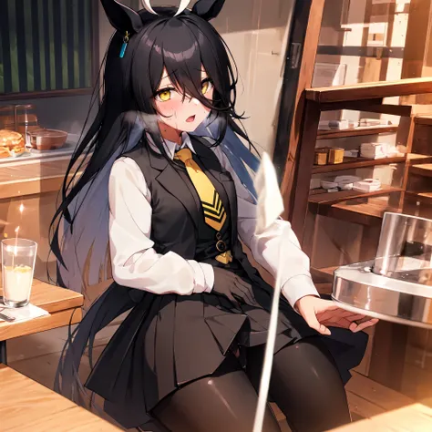 NSFW,((table top, highest quality)),(1 girl:1.5),manhattan cafe,manhattan cafe(racing wear),Uma Musume,horse ears,hair_between_eye,(alone:1.2),pantyhose,length_hair, black_hair, black Gloves,yellow_eye,Ahoge,tie,black_Jacket,skirt,black_footwear,I&#39;m in...