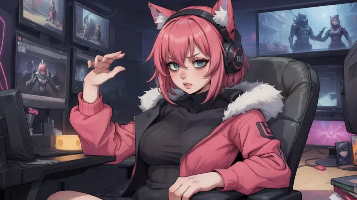  vtuber streaming in her gamer studio she would be sitting in a gamer chair her short pink hair her eyes shine green (((a solo woman))) gamer headphones with cat ears glowing playing among us
