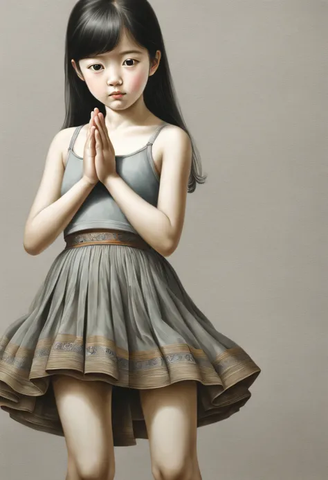 new gongbi painting，1 young girl standing in front of gray background，skirt，hands in one，praying to camera，perfect body，intricat...