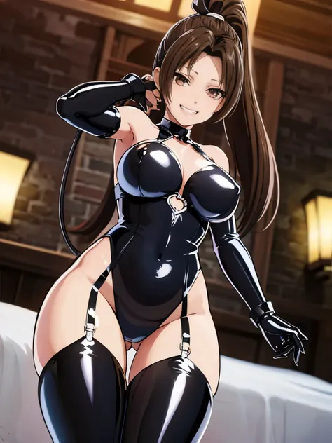 女性1 person、(((black shiny latex bondage suit)))、(from below:1.3)、 brown hair, brown eyes, long and high ponytail, hair band,  1 person、25 years old, japanese mature, beautiful fingers, beautiful long legs, beautiful body, beautiful nose, beautiful characte...