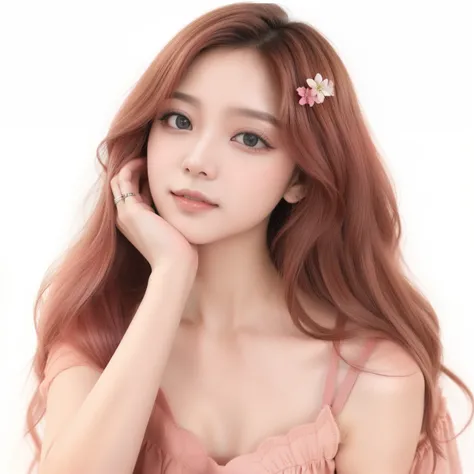 um close up de uma mulher com longos cabelos ruivos e um top rosa, com cabelo ruivo cacheado, lalisa manobal, Ulzzang, maquiagem coreana popular, maquiagem sul-coreana popular, dynamic wavy hair, franja encaracolada, Jaeyeon Nam, com cabelos longos e cache...