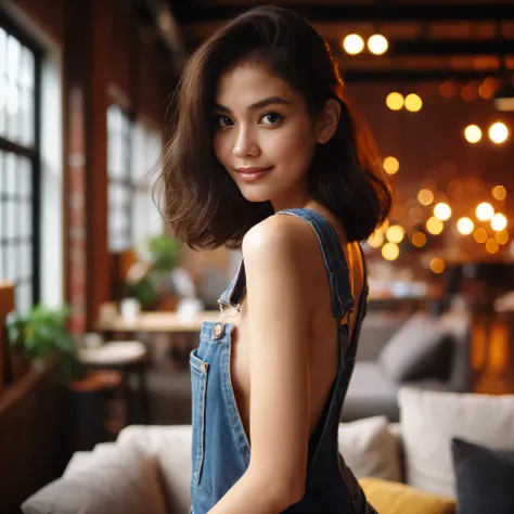 full body,cinematic photo beautiful thailand woman,chubby,from the side,with shoulder length brunette hair,sitting on the back of her couch in her studio apartment,wearing overalls,holding a coffee cup,steaming hot coffee,smiling at the viewer,beautiful pe...