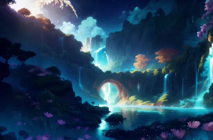 anime scenery with waterfalls and flowers in the foreground, Anime landscape wallpaper, anime art wallpaper 4k, Anime Art Wallpaper 4k, anime art wallpaper 8k, anime background art, Ross Tran. landscape background, Beautiful art ultra hd 4k, 美丽的anime scene...