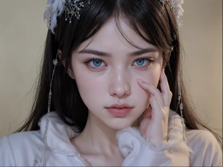 arafed woman with a white feathered headband and a white robe, pale snow white skin, pale porcelain white skin, white skin and reflective eyes, white detailed eyes, ulzzang, girl with white eyes, pale blue eyes, pale milky white porcelain skin, with long h...