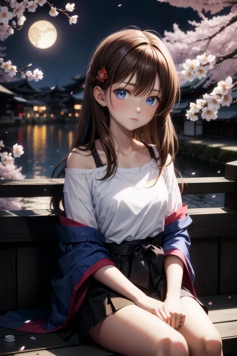 anime, one girl, brown hair, Hair is tangled, blue eyes, Kyoto, cherry blossoms、petal、moon, white t-shirt, off shoulder, sitting, alone,