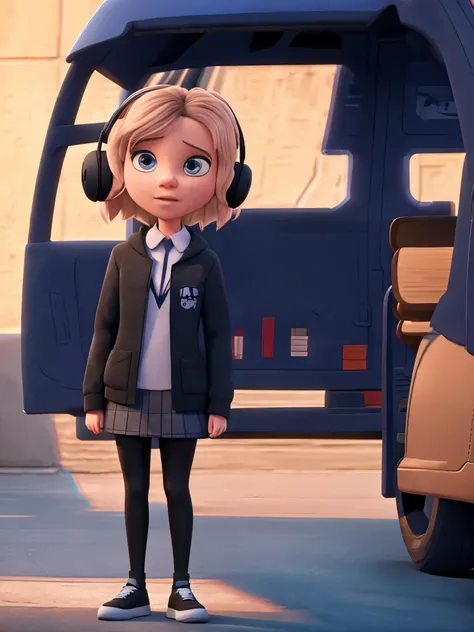 Girl standing in front of a car wearing headphones and a black jacket　disney style