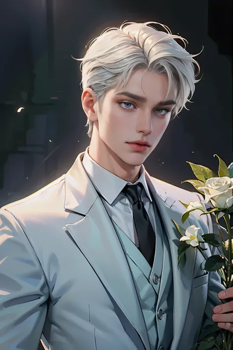 (best quality,hd,highres:1.2),detailed white-haired man in a white suit holding a rose,aesthetic gender-neutral prince,wearing n...