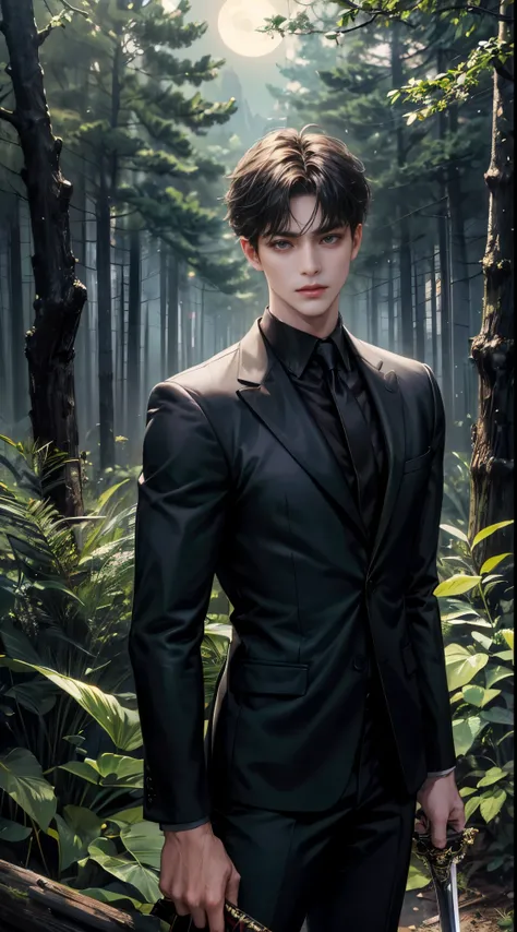 (best quality, masterpiece, highres:1.2), beautiful:1.5, black suit, black short hair:1.5, under the moonlight in a deep forest, no one around, looking at the viewer,symmetrical eyes, at night, holding a sword in his hand