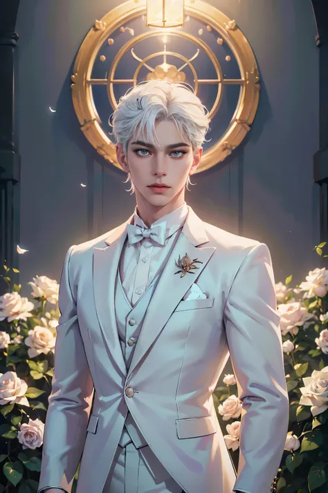 (best quality,hd,highres:1.2),detailed white-haired man in a white suit holding a rose,aesthetic gender-neutral prince,wearing n...