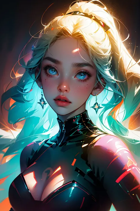 (ultra-detailed, realistic:1.2), beautiful woman, detailed eyes, detailed face, full body, space background, neon colors, portraits, pop art style, vibrant color palette, soft lighting