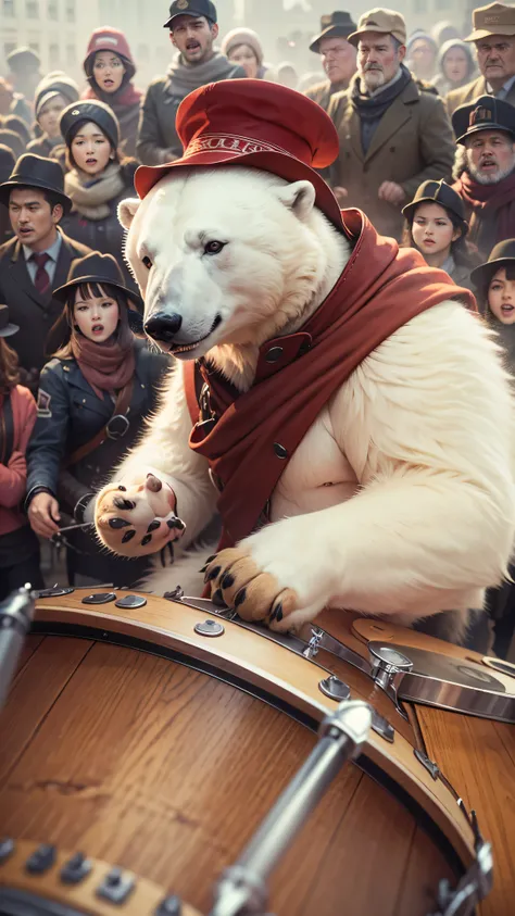 ((best quality)), ((masterpiece)), (detailed, RAW photo), portrait,  polar bear, playing a drumkit, (wearing tyrolian hat), roaring defiantly:1.5, wearing tailored waistcoat:1.5, crowds of people cheering in the background. 